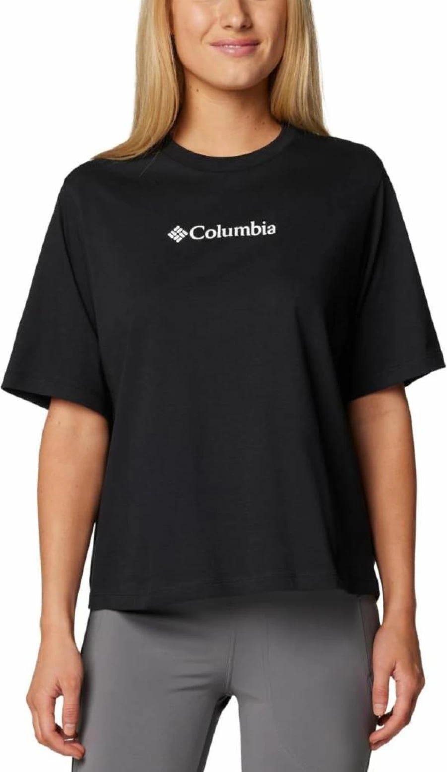 Columbia Women's North Cascades Relaxed Fit T-Shirt - Soft Casual Short Sleeve Tee in Black/Gem, Large Size